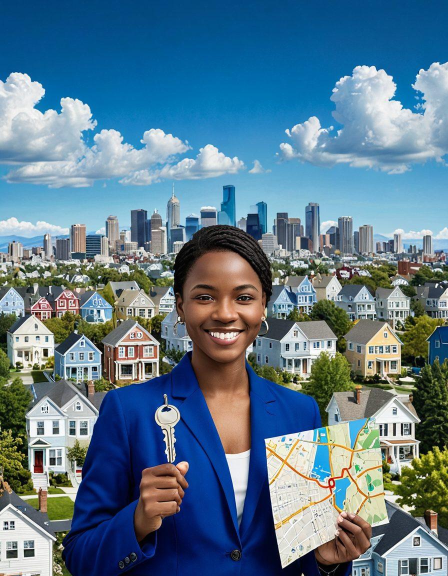 A confident individual standing in front of a modern city skyline, holding a house key in one hand and a map in the other, symbolizing the transition from short-term renting to long-term home ownership. Incorporate elements like 'For Sale' signs and community buildings in the background, showcasing diversity in housing options. The sky should be bright and optimistic, reflecting a sense of new beginnings. vibrant colors. super-realistic.