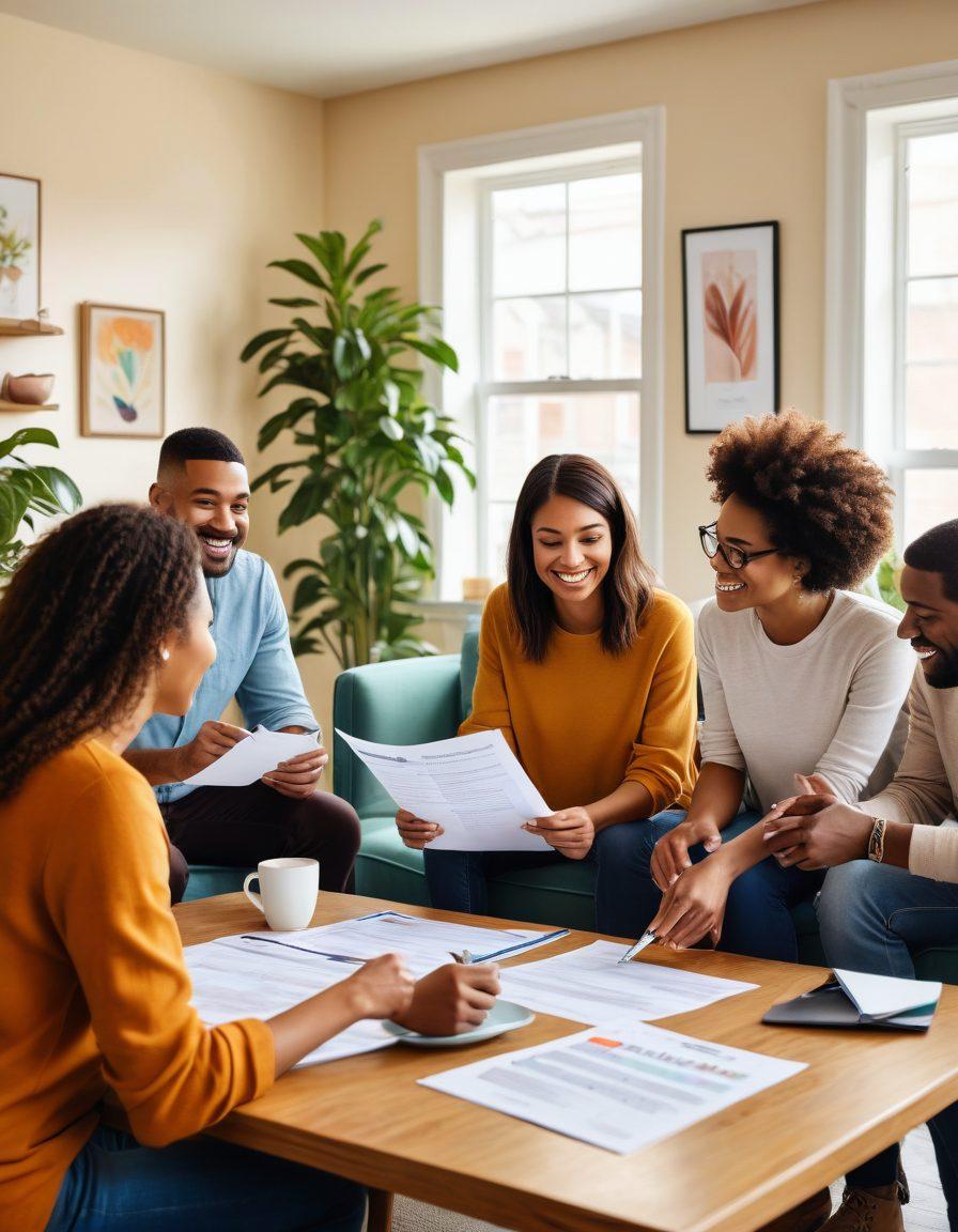 A visually engaging scene depicting a diverse group of tenants reviewing a lease agreement in a cozy, well-lit apartment. Include elements like a magnifying glass over important lease terms, a checklist of tenant rights, and a friendly landlord discussing responsibilities. The background should show a warm, welcoming home environment with plants and personal touches. super-realistic. vibrant colors. cozy atmosphere.