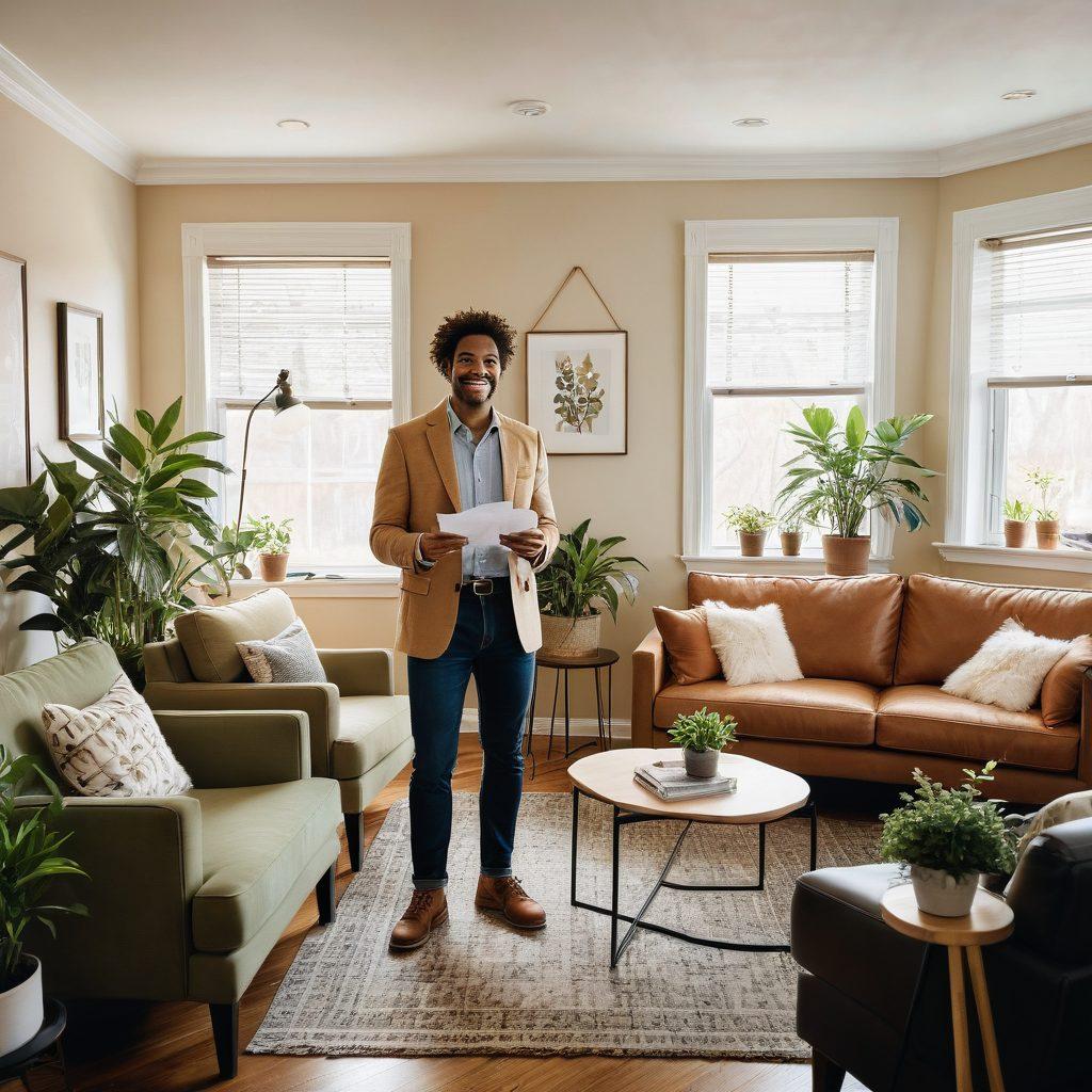 A friendly landlord holding a checklist with important responsibilities outlined, surrounded by diverse happy tenants in a cozy apartment setting, showcasing harmony and communication between them. Soft, warm lighting enhances the welcoming atmosphere. Include visual symbols like keys, a house, and plants to represent property management and a thriving living environment. super-realistic. vibrant colors. warm tones.